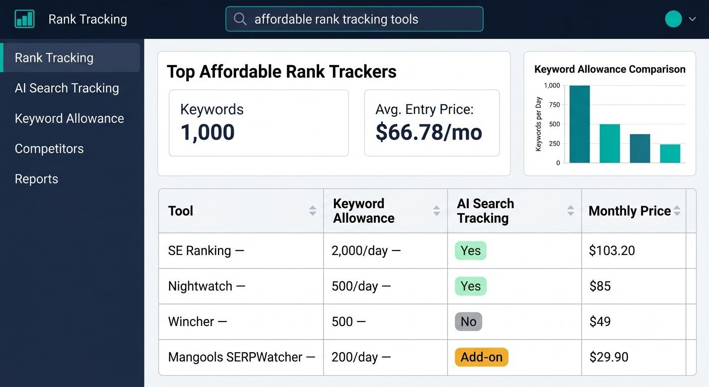 Dashboard comparing affordable rank tracking tools SE Ranking Nightwatch Wincher Mangools