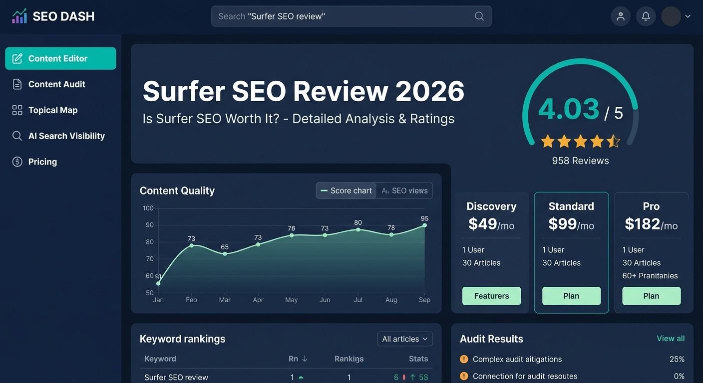 Surfer SEO review 2026 dashboard showing 4.03 out of 5 rating and pricing plans