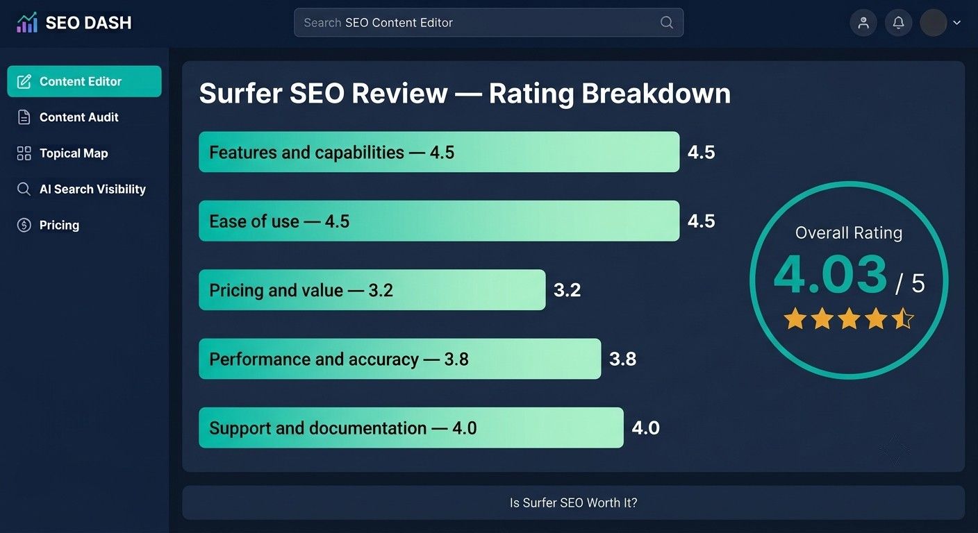 Surfer SEO review rating breakdown chart showing 4.03 out of 5 overall score