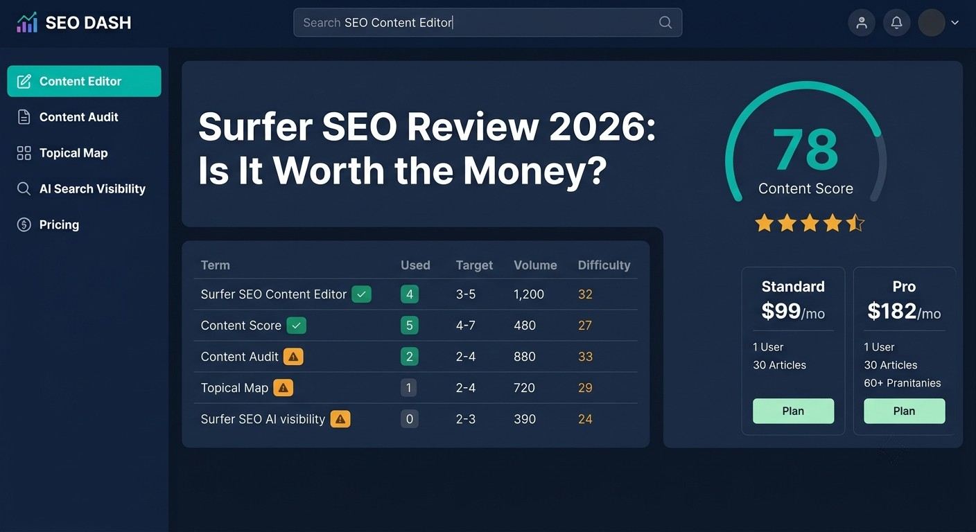 Surfer SEO Content Editor showing Content Score 78 and keyword term table